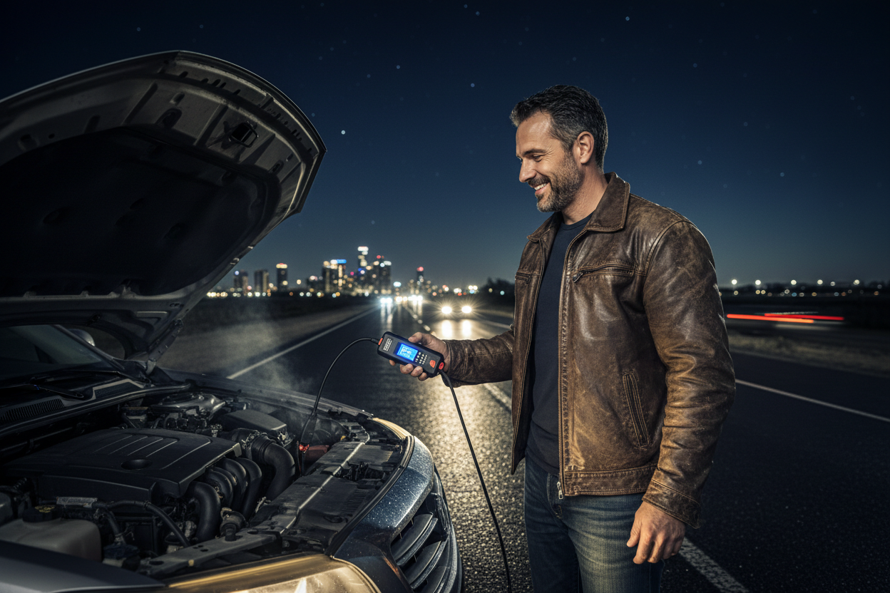 Hombre aliviado con arrancador en carretera oscura