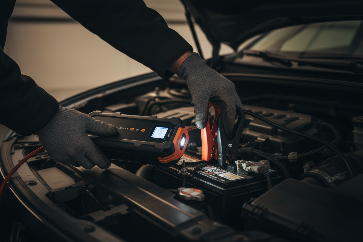 Manos conectando arrancador a batería