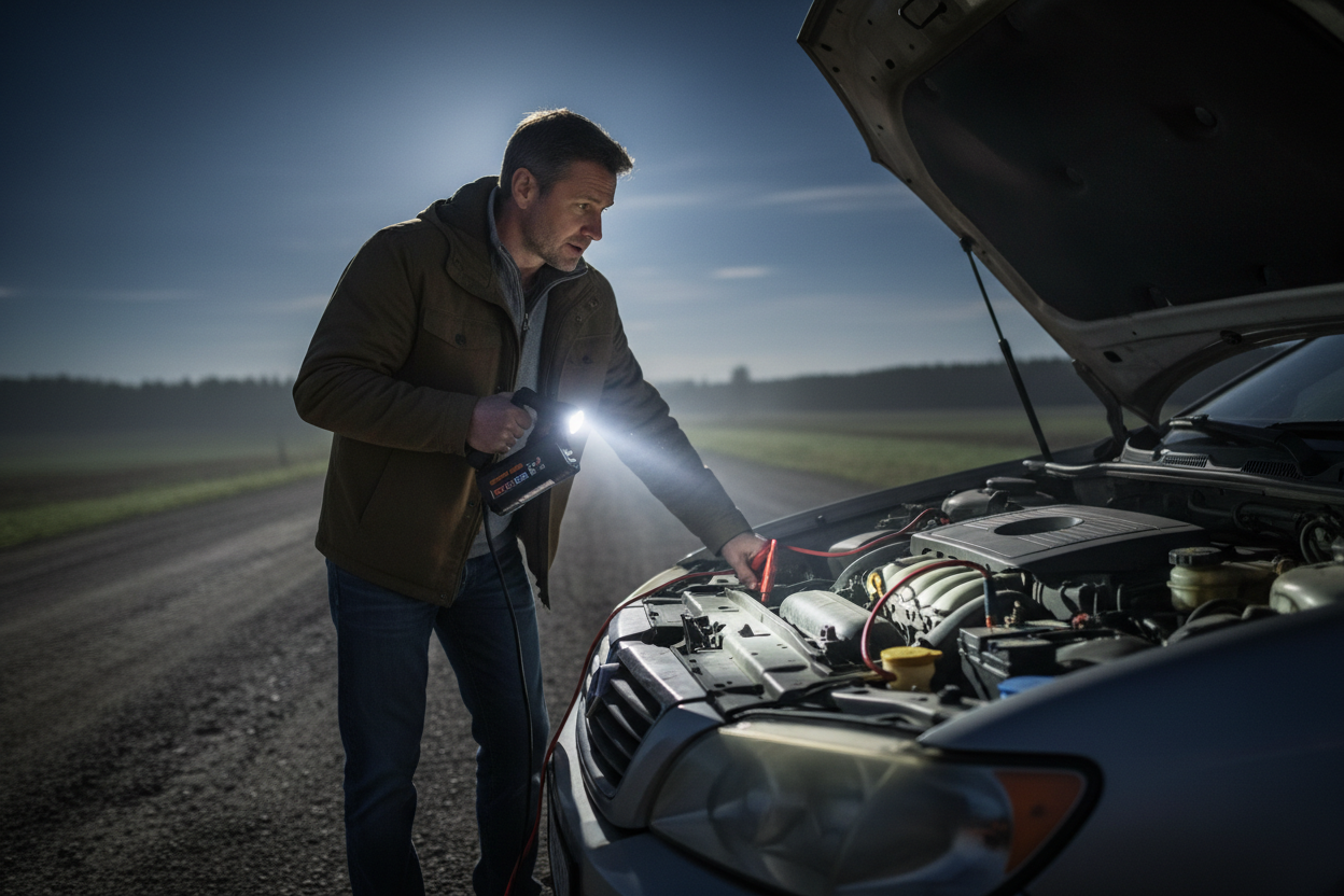 Padre usando arrancador portátil de noche